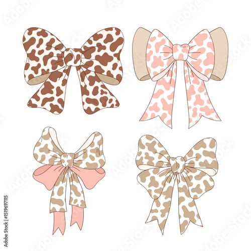 Coquette Cowgirl Cow printed bows vector illustration set isolated on white. Feminine Rodeo Western Style print collection for Fabric, Stationery, Kids and Home decor.