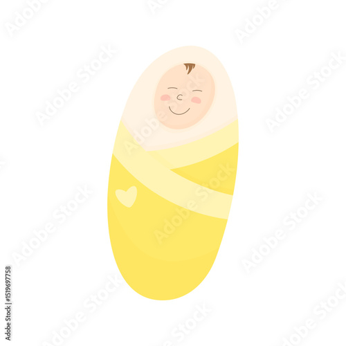 Cute newborn baby. Beautiful hand drawn baby in a yellow diaper. Sleeping child
