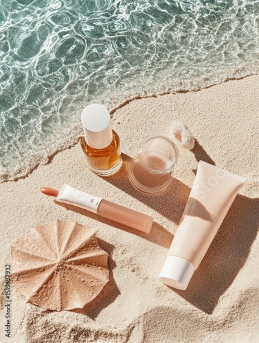 Makeup flat lay on sand background — tinted moisturizer, lip oil, bronzer stick, and colorful eyeliners. Summer beauty essentials
