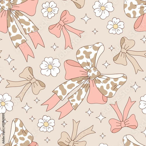 Pastel Coquette Boho Cowgirl Vector Seamless Pattern with Cow Print Bows and Daisy Flowers. Cowboy Wild West Girlish floral background. Feminine Western Style for Fabric, Stationery, Kids