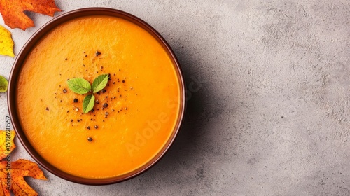 Fototapeta Naklejka Na Ścianę i Meble -  Creamy Pumpkin Soup in Rustic Bowl with Autumn Leaves.  Perfect for fall recipes, food blogs, and seasonal menus.