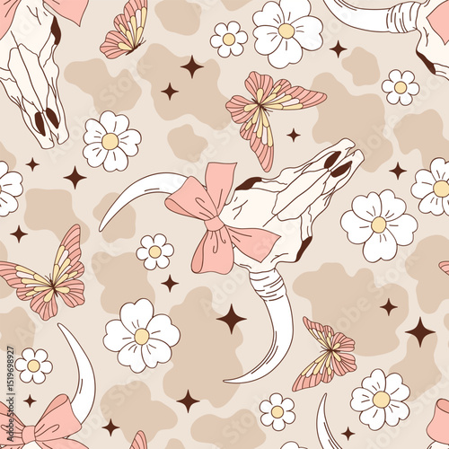 Coquette Cowgirl Wild West bull skull decorated with bow daisy and butterfly on a cow spots printed background Seamless Pattern. Feminine Western Style Boho Floral Vector Print for textiles