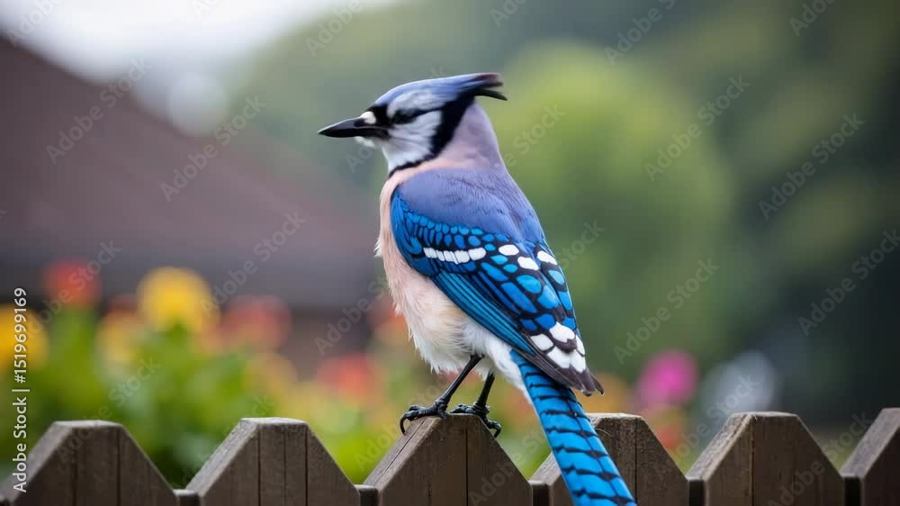 Blue jay perched on wooden fence with colorful garden background  