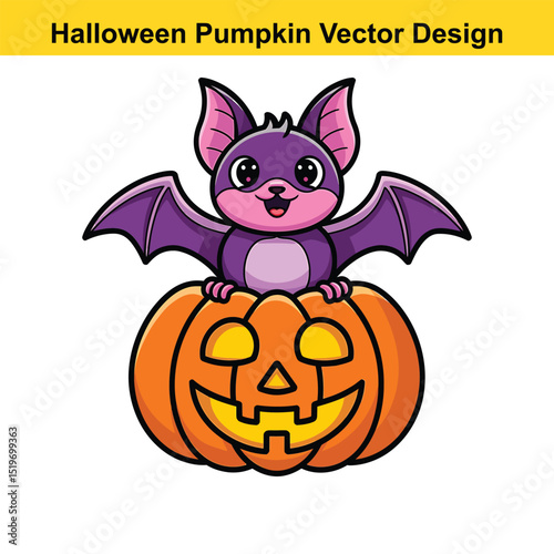 Cute cartoon bat on halloween pumpkin