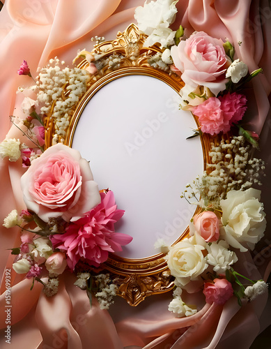 An ornate frame adorned with colorful flowers on soft fabric.