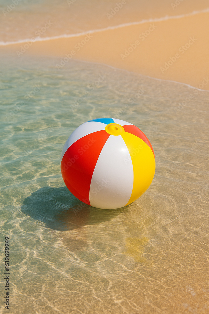 Colorful Beach Ball Floating in Clear Shallow Water on Sandy Shoreline
Colorful Beach Ball Floating in Clear Shallow Water on Sandy Shoreline