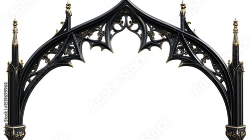 Ornate gothic archway, black metal with gold accents, isolated on white