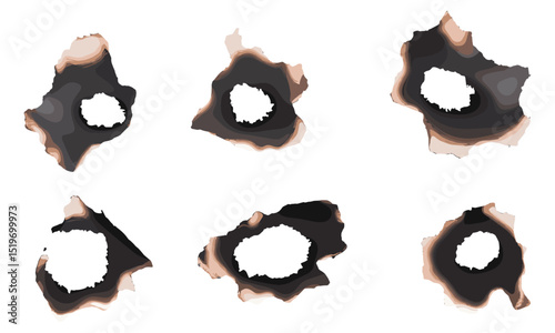 Burnt holes in paper, texture and background, torn edges paper, grunge texture, distressed surface, vintage paper texture, rough edges, vector illustration, old burnt paper background.