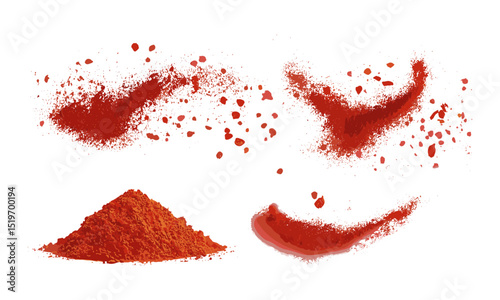 Red paprika powder set isolated on white, cutout, vector illustration, culinary spice, ground paprika, red chili seasoning, food ingredient, spice for cooking.