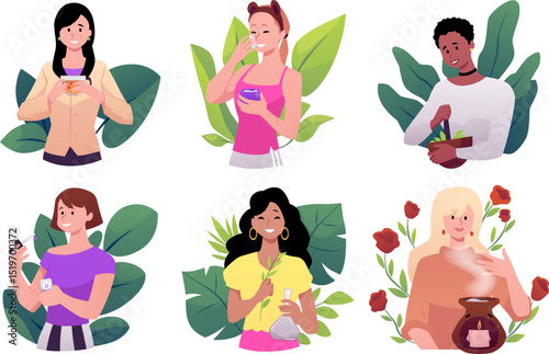 Vector set with characters on green leaves background, making and using natural aroma products.