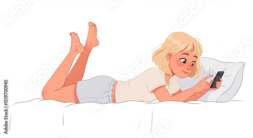 Girl Relaxing in Bedroom with Mobile Phone Vector Illustration