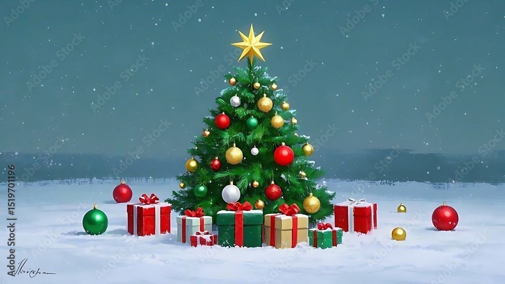 Obraz premium Christmas tree gifts winter minimalist background, background, wallpaper hd, photo background, images, photos, horizontal, isolated assets, south asian indigenous hispanic or latinx illustration, 