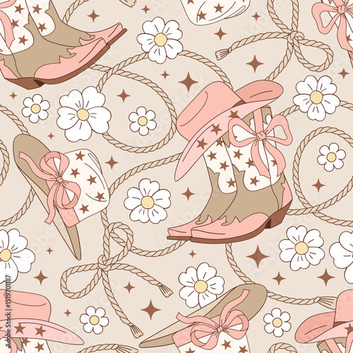 Coquette Wild West Cowgirl Rodeo outfit hat and boots and lasso rope Seamless Pattern. Feminine Western Style Boho Floral Vector Print for textiles, wallpapers, digital scrapbooking, nursery decor