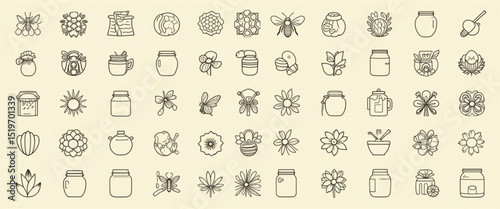 a grid of 50 line art icons focused on beekeeping and honey themes, capturing elements like honeycomb structures, bees in flight, jars of honey, and floral motifs