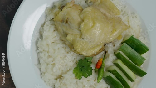 Steamed rice topped with chicken in a white plate on a wooden table