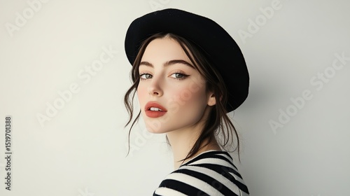 A young woman with long brown hair, wearing a black beret and a striped shirt, looks over her shoulder with a subtle smile. The background is a plain white wall