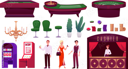 Casino entertainment industry vector flat set, cashier, croupier, chips and coins, poker table, slot machine, roulette
