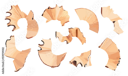 Isolated wooden pencil shavings, sharpener, white background, vector illustration, office tools, stationery collection, school supplies, writing instruments, clean design.