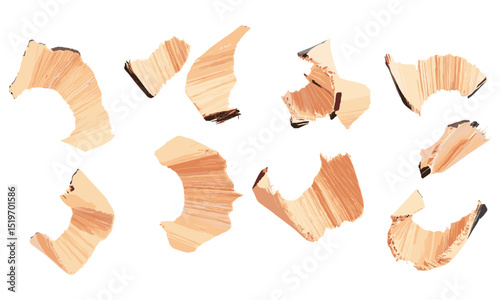 Spiral pencil shavings, wooden sharpener, isolated on white, vector illustration, art supplies, writing implements, office accessories, stationery design, creative drawing.