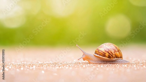 Close up of a snail slowly moving on a sandy surface with a blurred green background.  Concept of slow pace, nature, patience, and persistence.