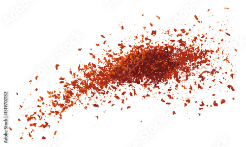 Spicy chili red pepper flakes, flying chopped milled dry paprika pile isolated on white, vector illustration, chili seasoning, paprika powder, spicy food, cooking ingredients.