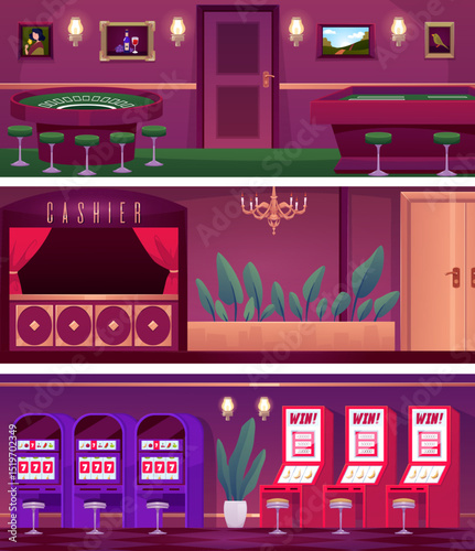 Vector set of posters of empty casino interior rooms with poker tables, cashier, and slot machines.