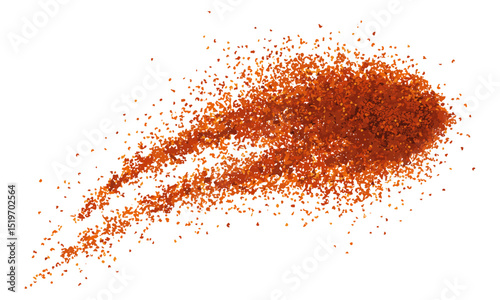 Chopped chili red pepper flakes, flying paprika pile, dry milled spice, isolated on white, vector illustration, hot food seasoning, red pepper flakes, cooking spices.