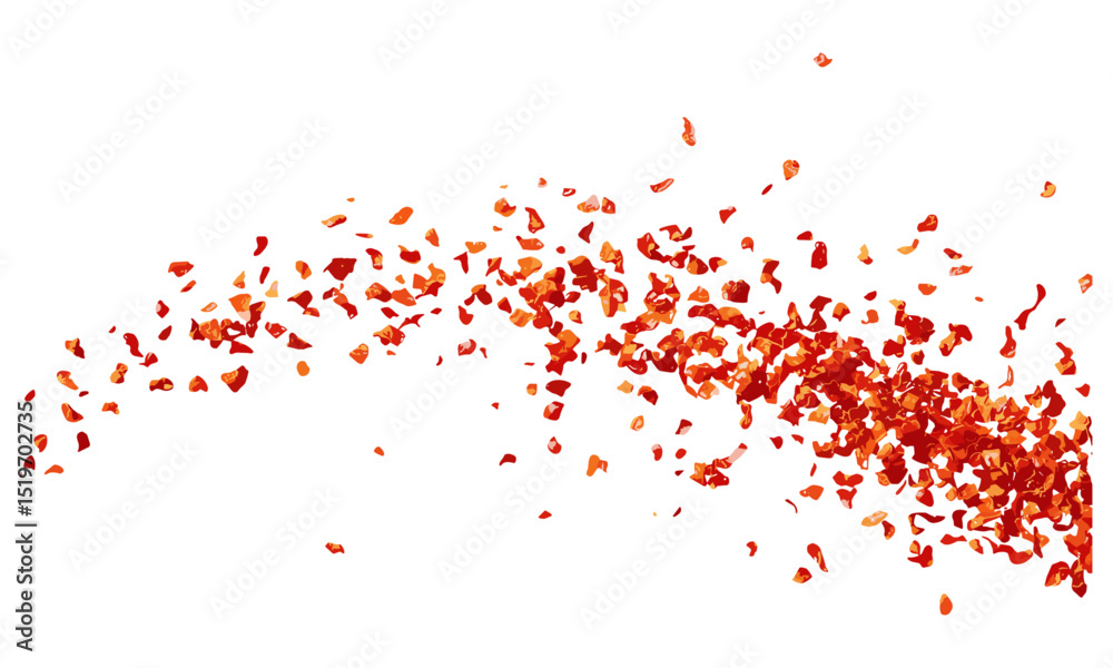 Obraz premium Flying spicy chili pepper flakes, milled dry paprika, chopped isolated on white, vector illustration, hot chili flakes, paprika seasoning, culinary spice, food ingredients.