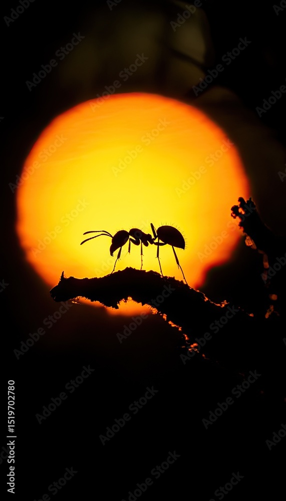 Fototapeta premium Silhouette of ants on branch, fiery sunset