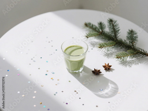 High-key flat lay of matcha drink in transparent glass on white table with fir branch, star anise, sparkling confetti, minimalist clean style, ample negative space, fresh festive mood