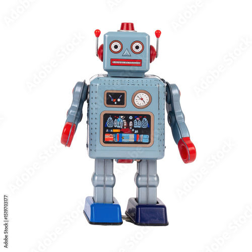 Vintage toy robot figure with colorful retro design, detailed mechanical features, articulated limbs, and nostaic robotic character for children and collectors