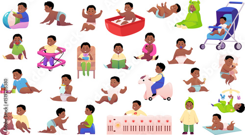 Set of dark-skinned little boys in different actions and poses, vector illustration.