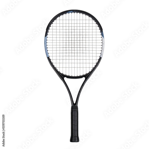 Professional tennis racket with a sleek black frame and tightly woven st pattern suitable for competitive sports and recreational gameplay