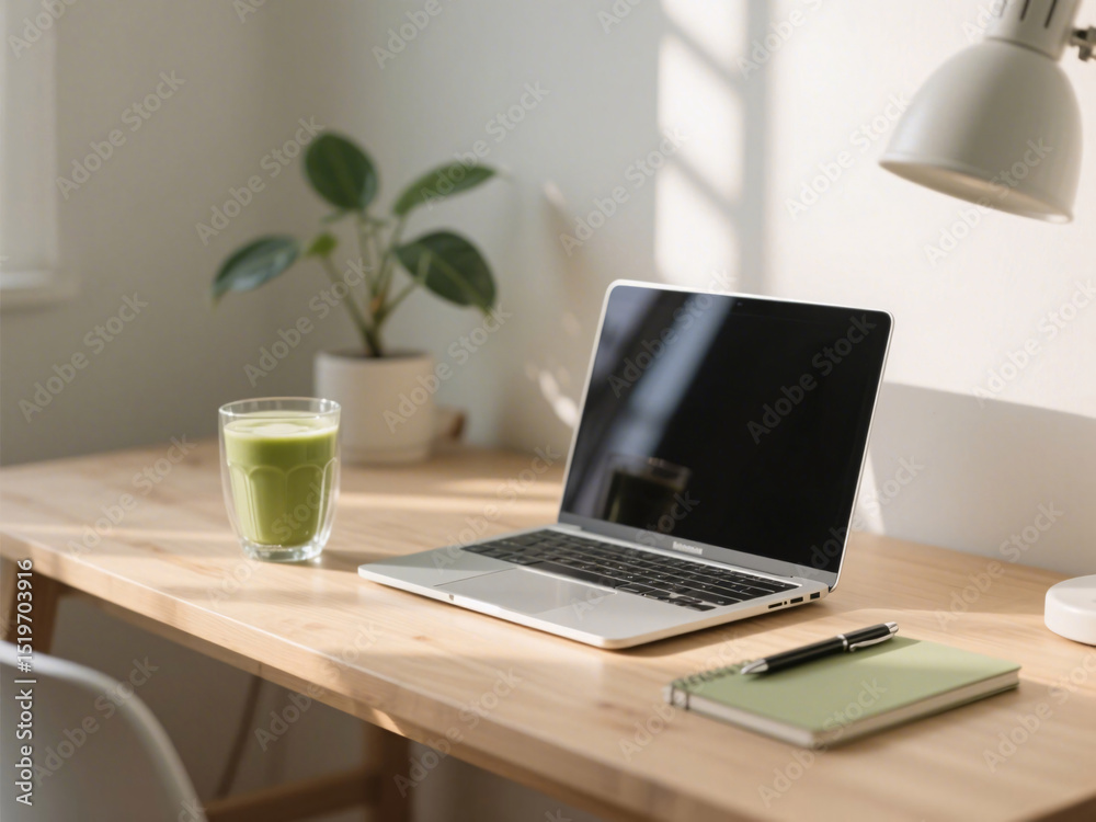 Modern clean desk scene with transparent glass of matcha latte, eco-friendly stationery, houseplant and soft sunlight, styled concept for wellness and mindful remote work Modern clean desk scene with transparent glass of matcha latte, eco-friendly stationery, houseplant and soft sunlight, styled concept for wellness and mindful remote work