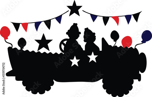 Silhouette of Patriotic Parade Vehicle with Balloons, Bunting, and Two People in Red, White, and Blue Theme, Vector Illustration for Independence Day and American Civic Celebrations