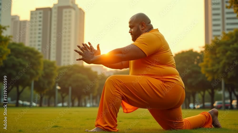 Confident plus size Indian man stretches in yoga attire in city park during golden hour.