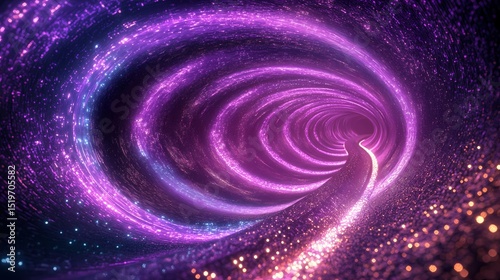 A tunnel made of glowing purple and cyan light, light trails whirling around, generating a high-tech, futuristic atmosphere 
