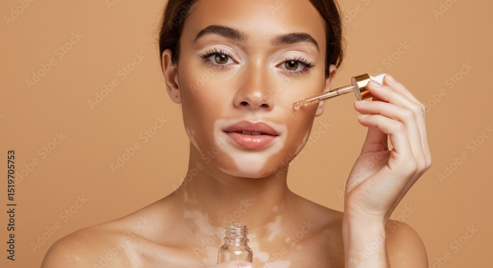 Fototapeta premium A woman with vitiligo applies facial serum, showcasing skincare and beauty.