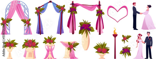 Wedding venue decorations vector set, bride and groom, blooming floral arch altar with curtains, flowers, torch, hearth