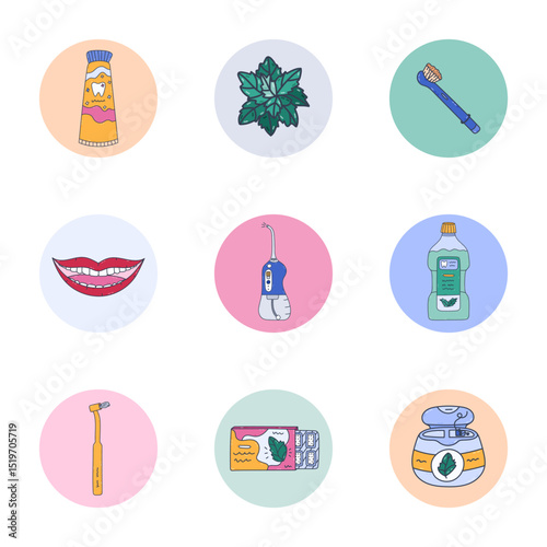Lovely round cover icon with tooth health care coloured doodle for social media, blogs, business, branding. Highlight icons for stories with smiling lips, irrigator, toothpaste in pastel colors.