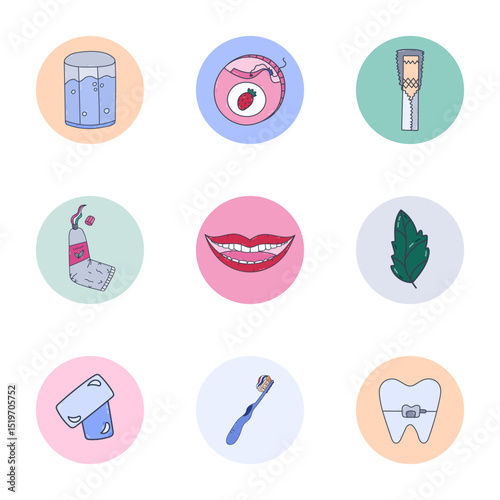 Colorful round cover icons with dental hygiene products for different social media, blogs, business, branding. Highlight icons for stories with doodle for white and healthy smile in pastel colors.