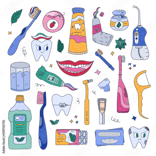 Big multicolor doodle oral care and dentistry set with dental cleaning tools and products, funny tooth characters. Toothpaste, brush, floss, mouth. Lovely hand drawn teeth hygiene isolated doodle.