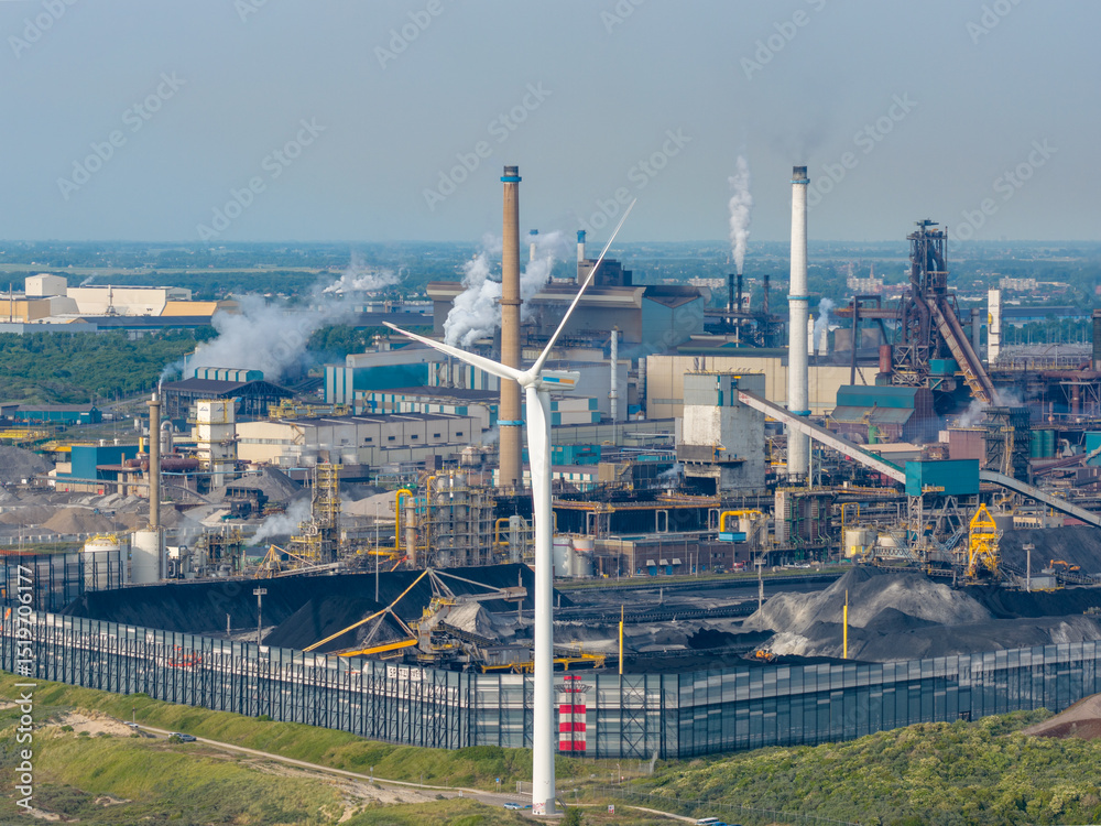 Fototapeta premium Aerial drone photo of the steel factory in Ijmuiden, the Netherlands.