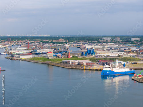 Canvas Print Aerial drone photo of the port with fishing boats in IJmuiden.