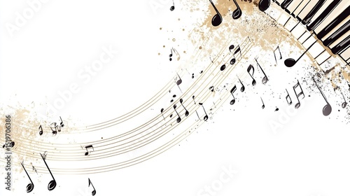 Abstract musical notation swirls with piano keys and scattered notes
