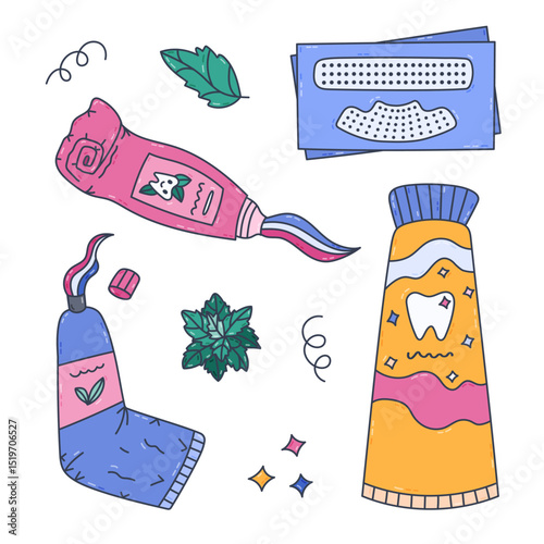 Lovely doodle in colors set of different toothpastes and teeth stripes for cleaning, whitening enamel. Hand drawn squeezing, rolled up, with closed cap tooth paste tubes isolated on white background.