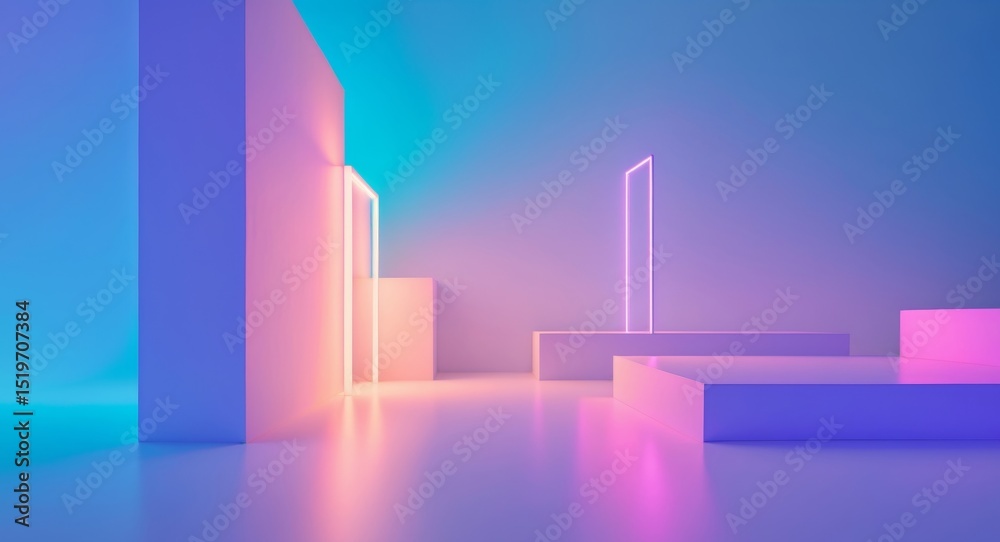 Fototapeta premium Abstract Geometric Composition with Neon Accents, Platforms and Gradient Colors.