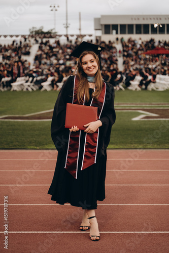A girl in a gown with a red diploma in her hands is standing on a treadmill. The background is the stands and the audience. She looks into the lens with a slight smile.