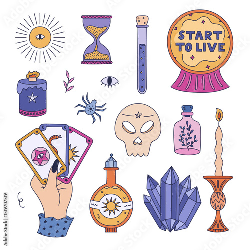 Lovely multicolor doodle witch core and astrology set. Cute hand drawn fortune teller hand with tarot, wizard glass ball, ritual candle, crystal gems, magic sun liquid. Vector mystical elements.