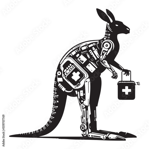 Steampunk Kangaroo Medical Illustration Robotic Marsupial with First Aid Kit